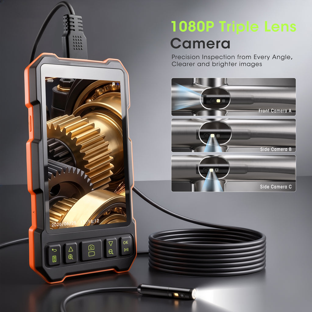 Epicmate Endoscope Camera with Light 50ft, 5" IPS Triple Lens Borescope Sewer Inspection Camera, 1080P Snake Drain Camera with Light, IP67 Waterproof Plumbing Pipe Camera Tool for Auto Wall(32G Card)