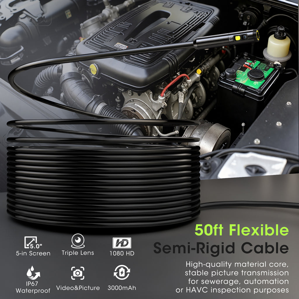 Epicmate Endoscope Camera with Light 50ft, 5" IPS Triple Lens Borescope Sewer Inspection Camera, 1080P Snake Drain Camera with Light, IP67 Waterproof Plumbing Pipe Camera Tool for Auto Wall(32G Card)