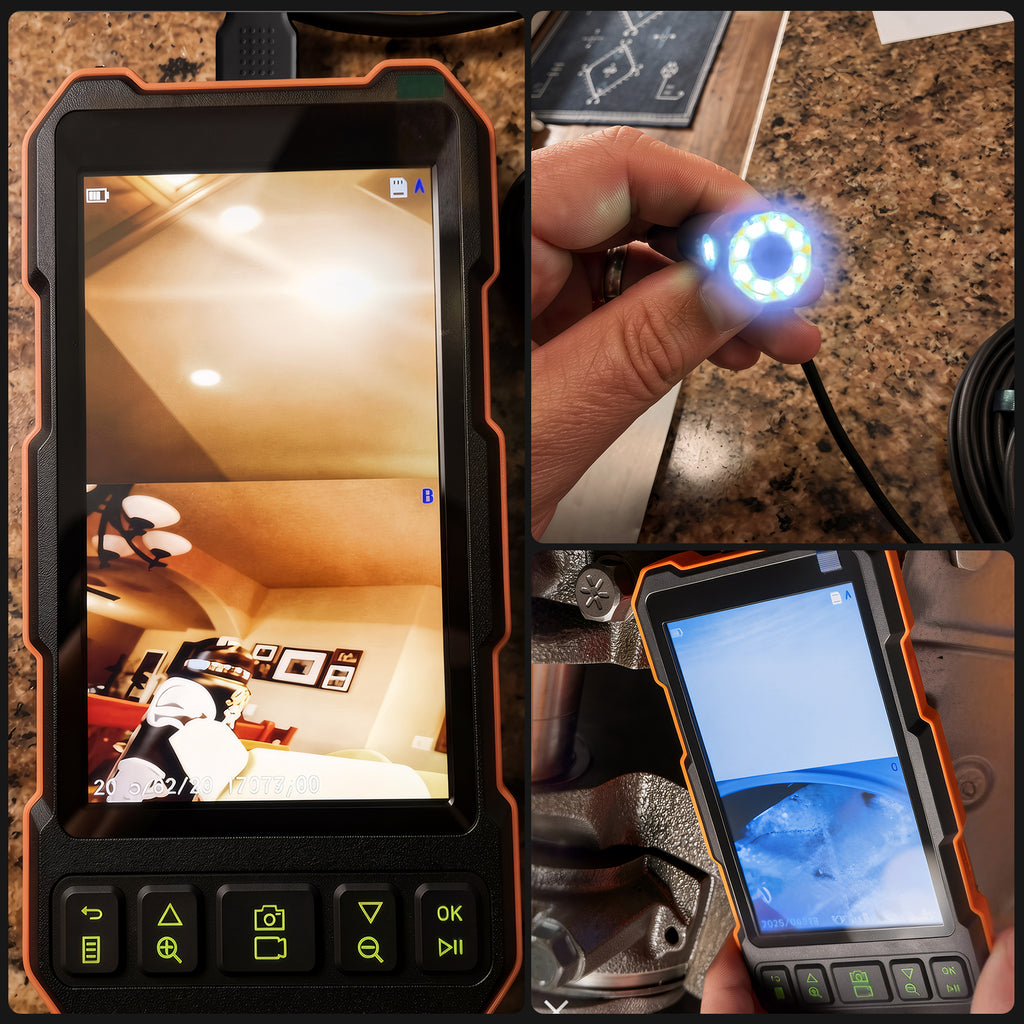 Epicmate Endoscope Camera with Light 50ft, 5" IPS Triple Lens Borescope Sewer Inspection Camera, 1080P Snake Drain Camera with Light, IP67 Waterproof Plumbing Pipe Camera Tool for Auto Wall(32G Card)