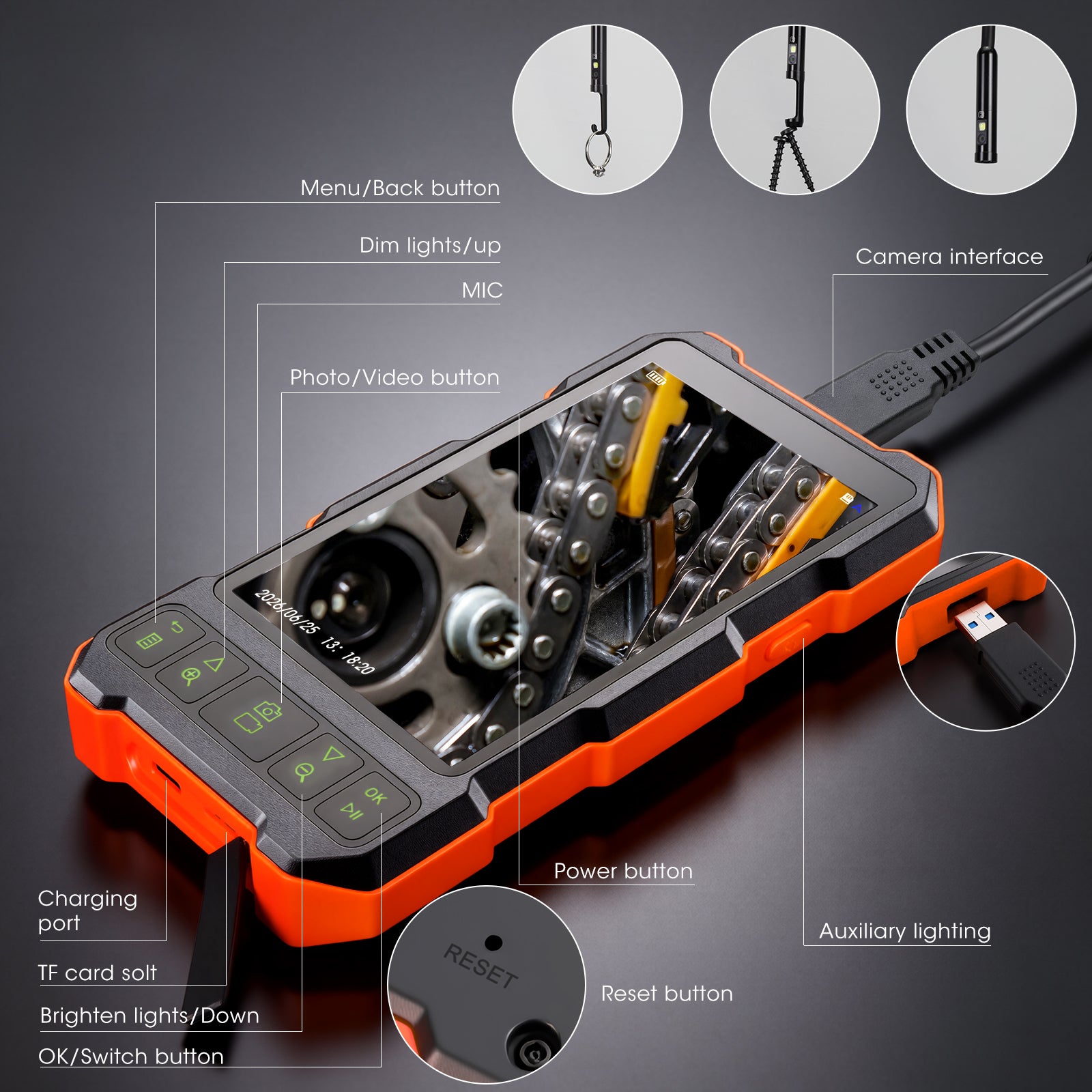 Epicmate Endoscope Camera with Light 50ft, 5" IPS Triple Lens Borescope Sewer Inspection Camera, 1080P Snake Drain Camera with Light, IP67 Waterproof Plumbing Pipe Camera Tool for Auto Wall(32G Card)
