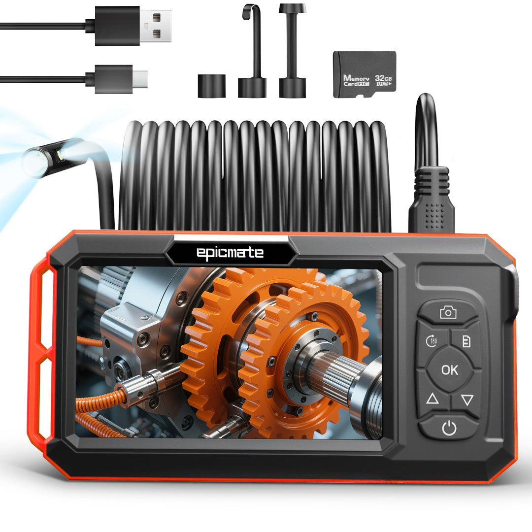 Triple Lens Borescope with 5" IPS Screen, 1920P HD Inspection Endoscope Camera with 50FT Semi-Rigid Snake Cable & 32GB Card, IP67 Waterproof Plumbing Camera for Sewer/Automotive/Drain Pipe