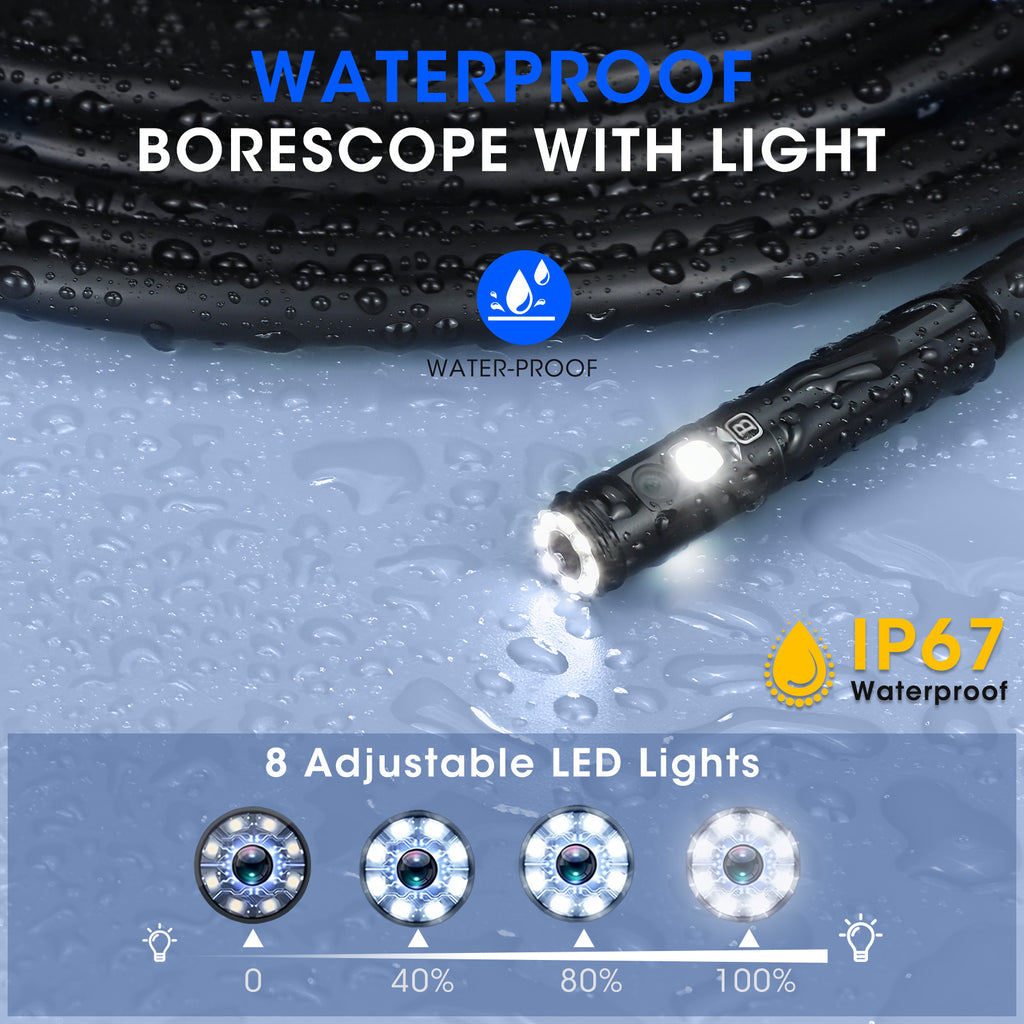 Triple Lens Borescope with 5" IPS Screen, 1920P HD Inspection Endoscope Camera with 50FT Semi-Rigid Snake Cable & 32GB Card, IP67 Waterproof Plumbing Camera for Sewer/Automotive/Drain Pipe