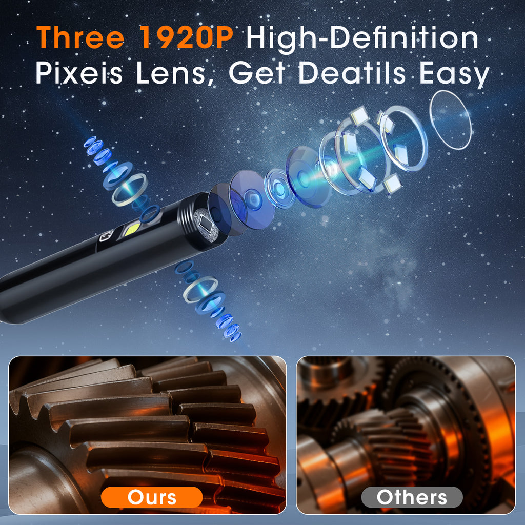 Endoscope Camera with Light, 5" IPS 1920P HD Borescope with Triple Lens, Inspection Borescope with 16.4FT Semi-Rigid Snake Cable and 32GB Card, IP67 Waterproof Drain Camera for Sewer/Pipe/Automotive
