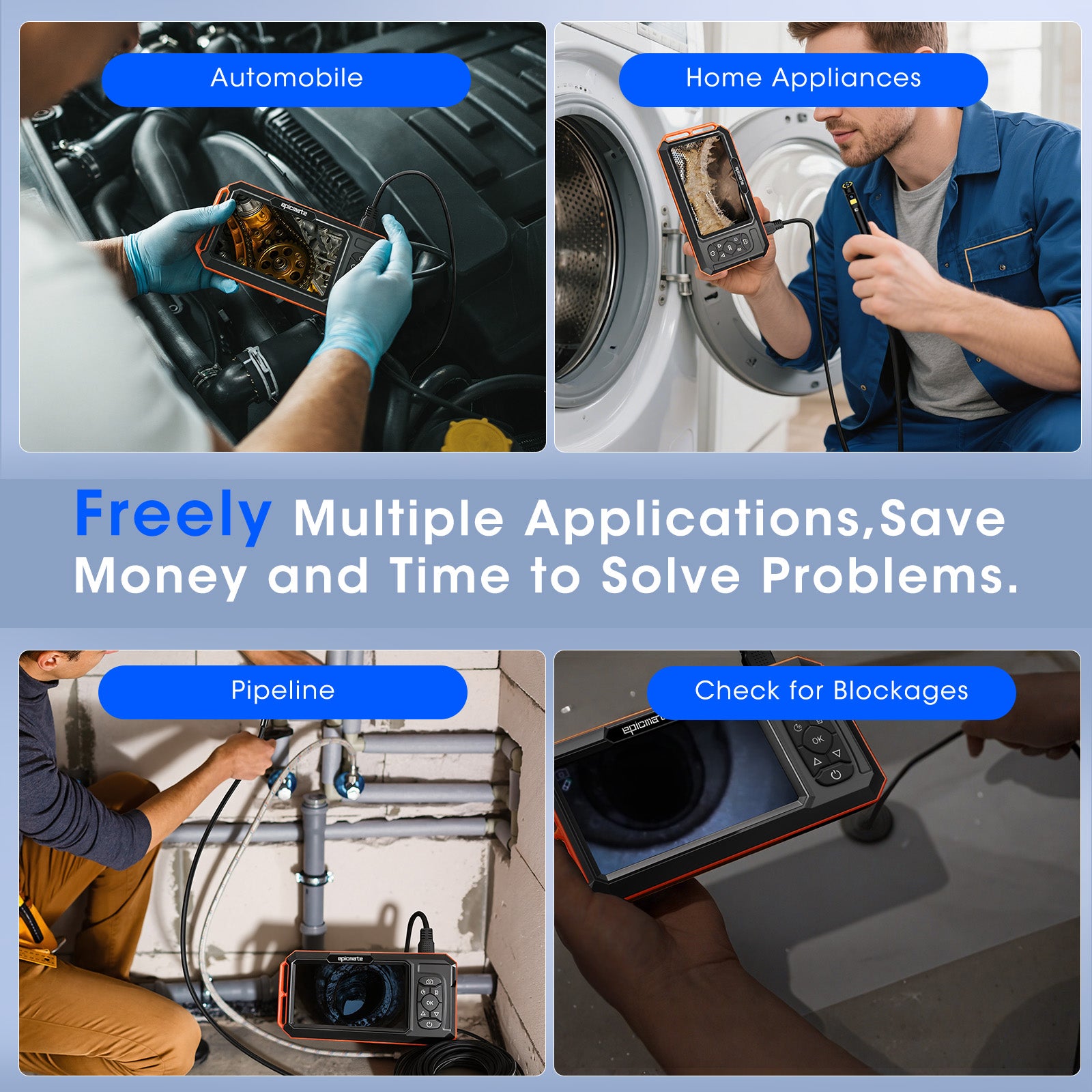 Endoscope Camera with Light, 5" IPS 1920P HD Borescope with Triple Lens, Inspection Borescope with 16.4FT Semi-Rigid Snake Cable and 32GB Card, IP67 Waterproof Drain Camera for Sewer/Pipe/Automotive
