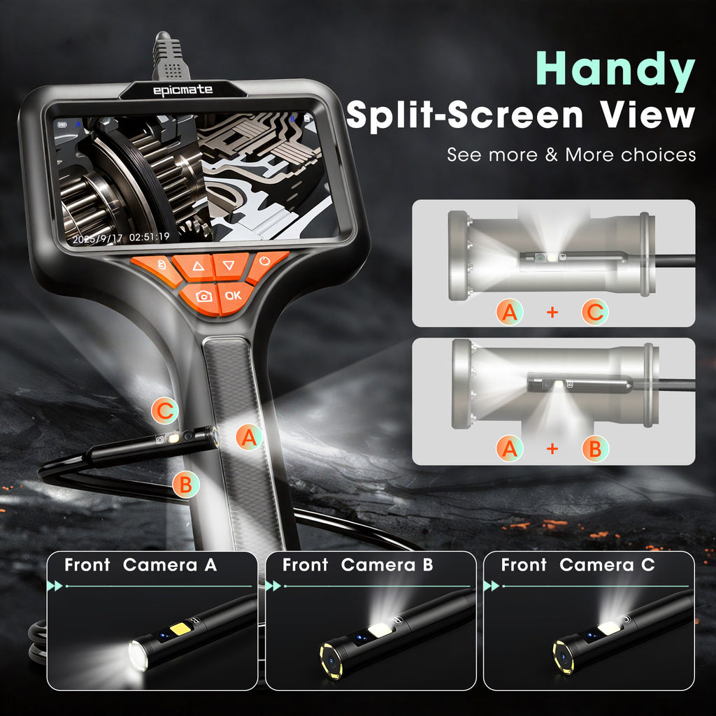 Epicmate Triple Lens Endoscope Camera with Light- 5" 1080P HD Handheld Borescope with 50FT Semi-Rigid Cable, Waterproof Sewer Inspection Camera with 32GB Card, Drain Plumbing Camera & Gifts for Men