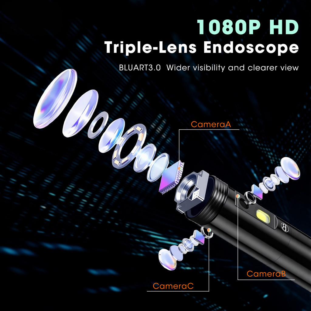 Epicmate Triple Lens Endoscope Camera with Light- 5" 1080P HD Handheld Borescope with 50FT Semi-Rigid Cable, Waterproof Sewer Inspection Camera with 32GB Card, Drain Plumbing Camera & Gifts for Men