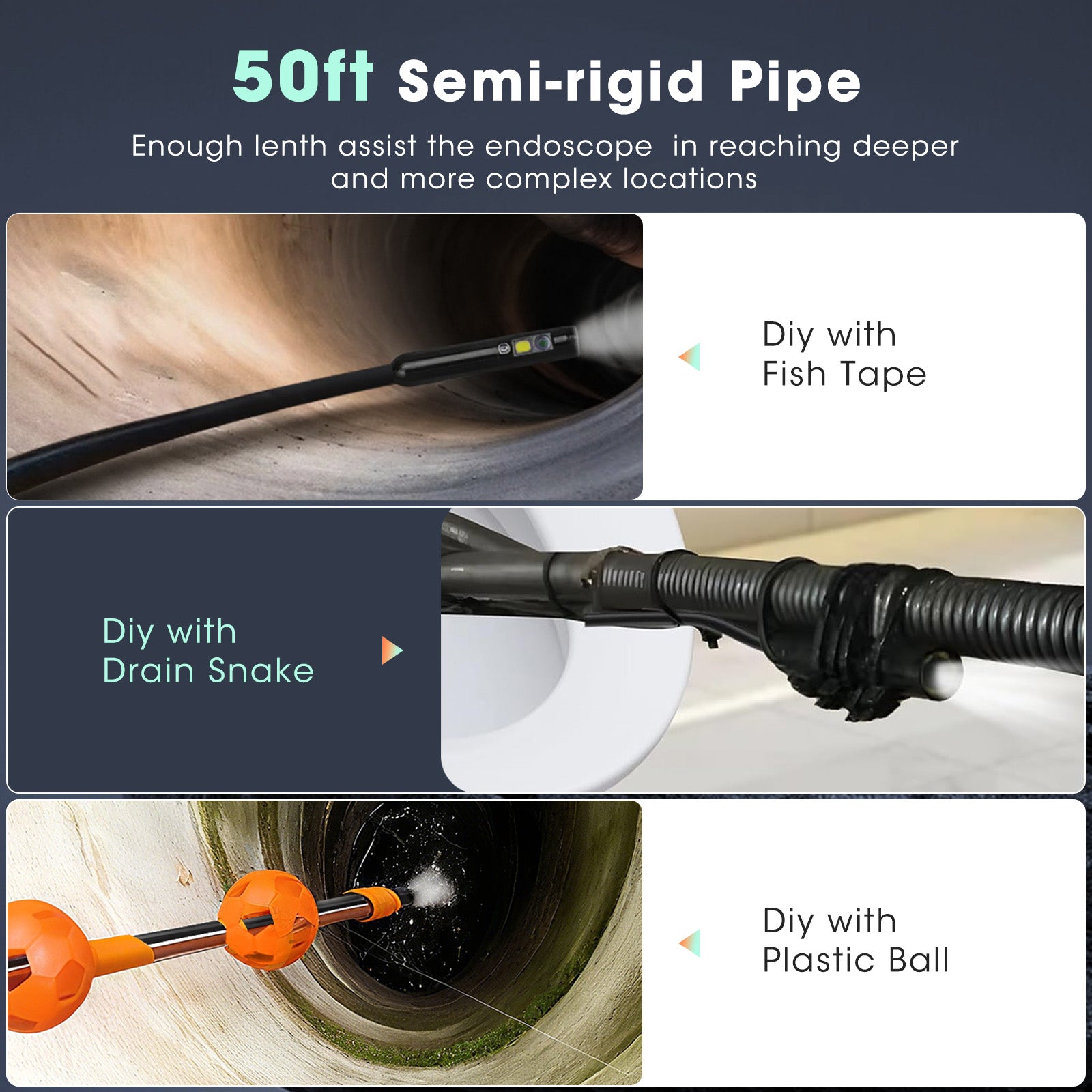 Epicmate Triple Lens Endoscope Camera with Light- 5" 1080P HD Handheld Borescope with 50FT Semi-Rigid Cable, Waterproof Sewer Inspection Camera with 32GB Card, Drain Plumbing Camera & Gifts for Men