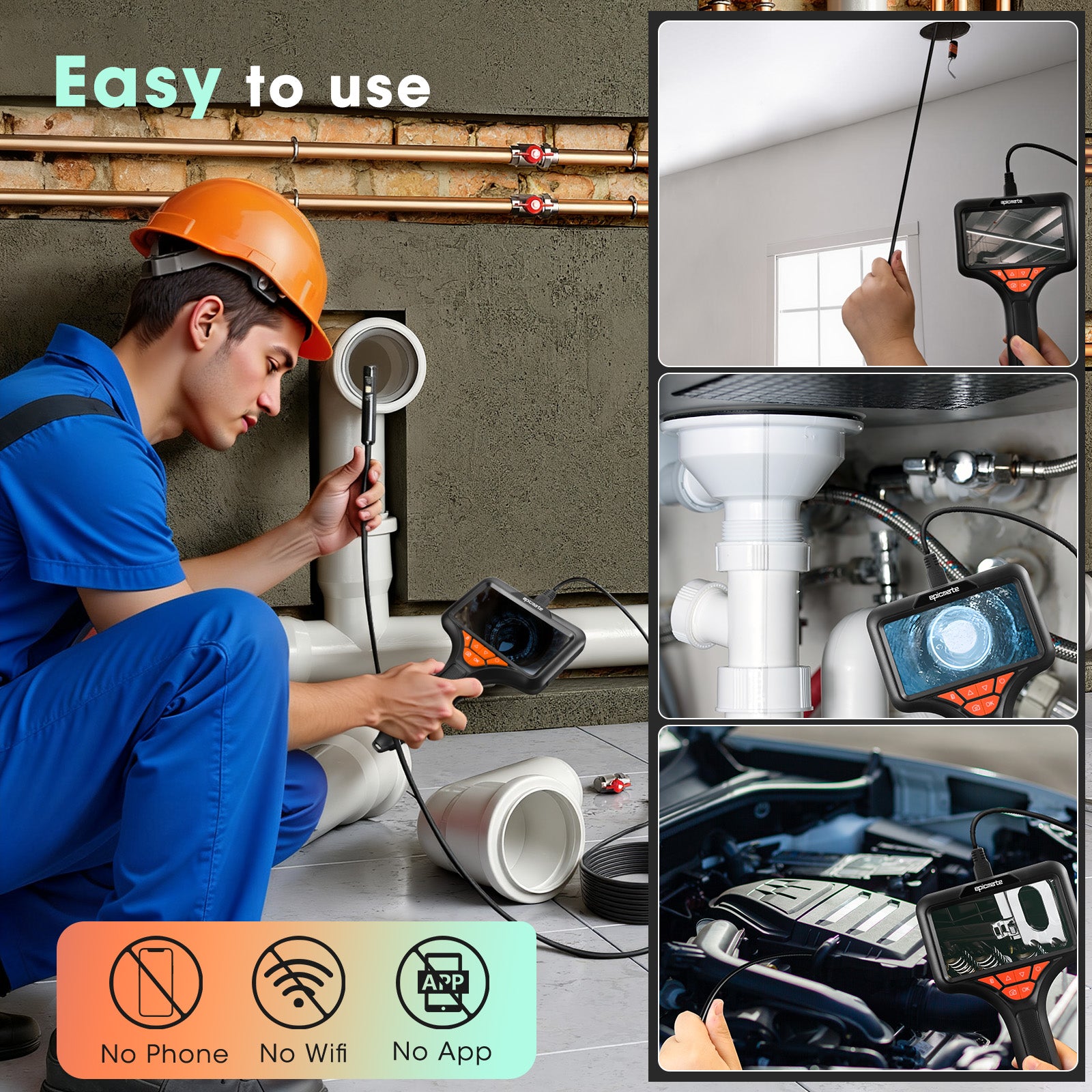 Epicmate Triple Lens Endoscope Camera with Light- 5" 1080P HD Handheld Borescope with 50FT Semi-Rigid Cable, Waterproof Sewer Inspection Camera with 32GB Card, Drain Plumbing Camera & Gifts for Men