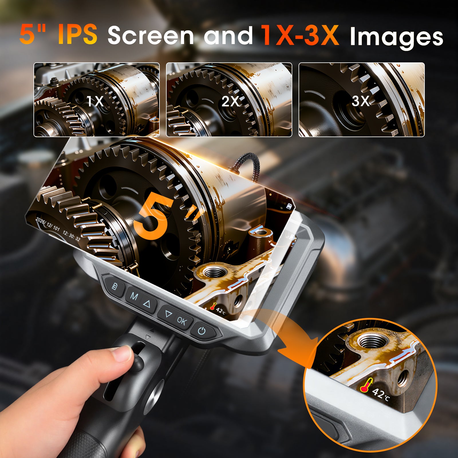 Inspection Borescope Camera with Light,1920X1080P HD Two-Way Articulating Borescope with 5" IPS Screen, Industrial Endoscope with 0.23in Snake Cable Camera for Pipe/Sewer/Automotive/Wall-3.3ft